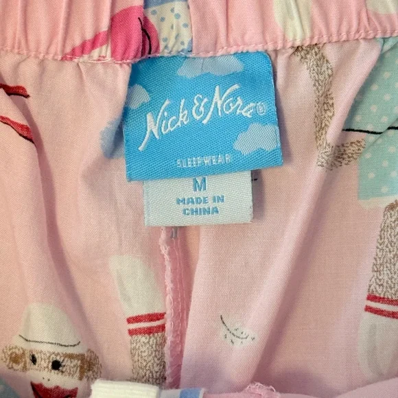 Nick & Nora Medium Pink Pajama Bottoms Sock Monkeys Pajama Party Lace Trim - Picture 5 of 9